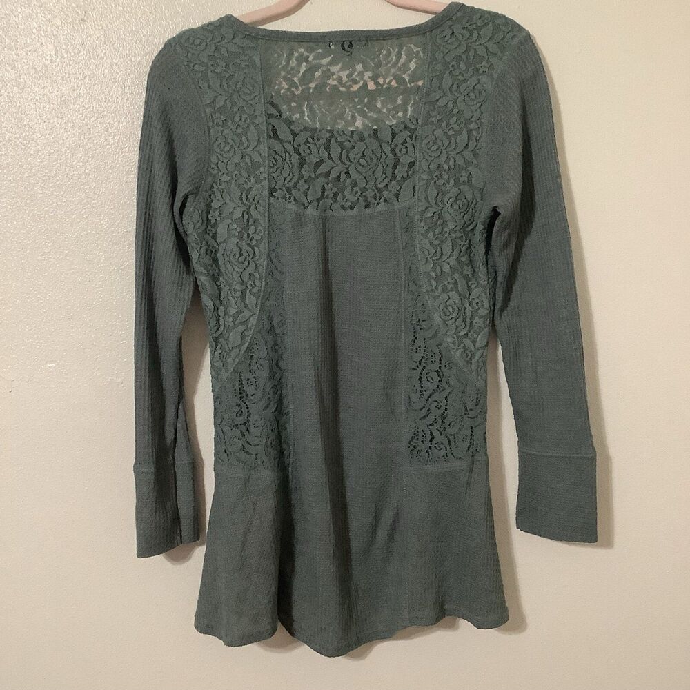 RXB Sage Green Fairycore Fairy‎ Grunge Lace Waffle Knit Slouchy Blouse Sz Medium - Picture 7 of 11